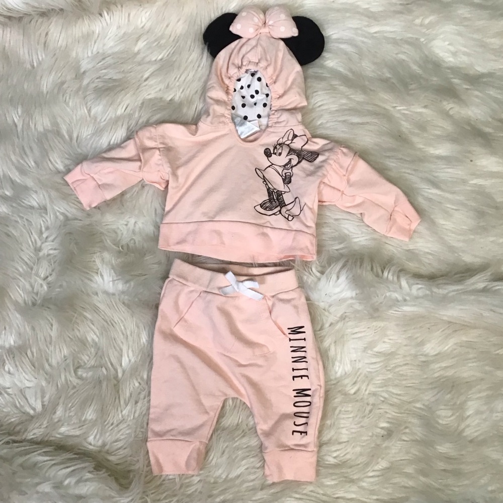 Disney Peach pink Minnie Mouse Infant two piece Hoodie outfit EUC